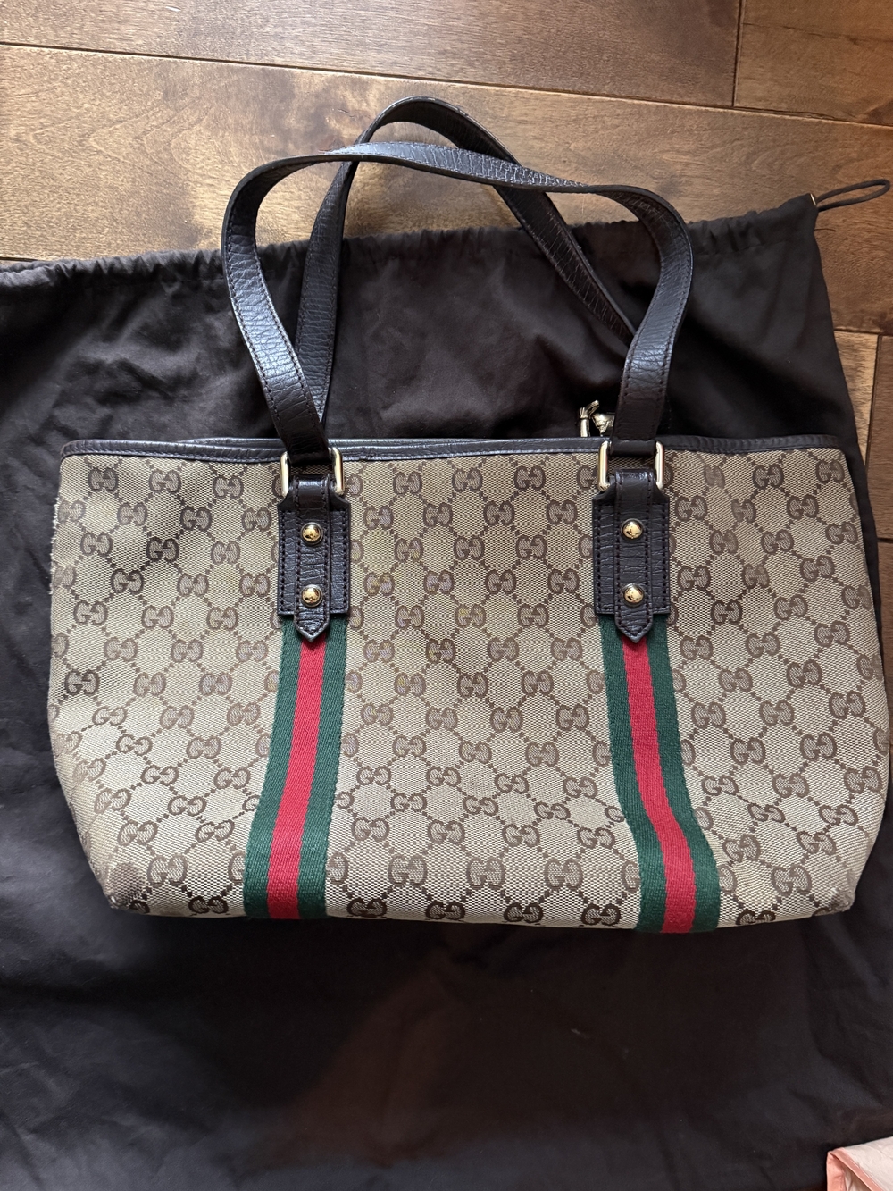 Gucci Beige GG Canvas Tote with Green-Red Stripe